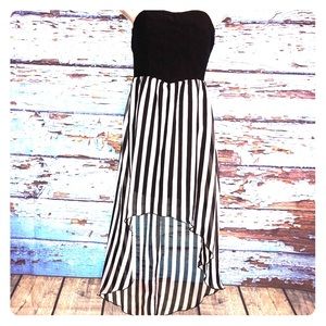 Hi Low black and white striped strapless dress